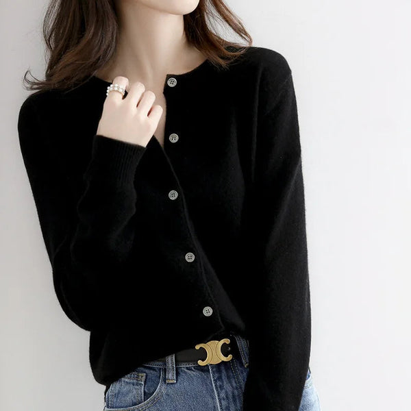 Cashmere Button Front Cardigan Round Neck Fitted