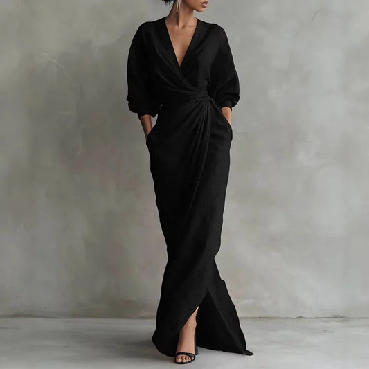 Sophia V Neck Maxi Dress – Chic Long Sleeve Wrap Style for Versatile Looks 0