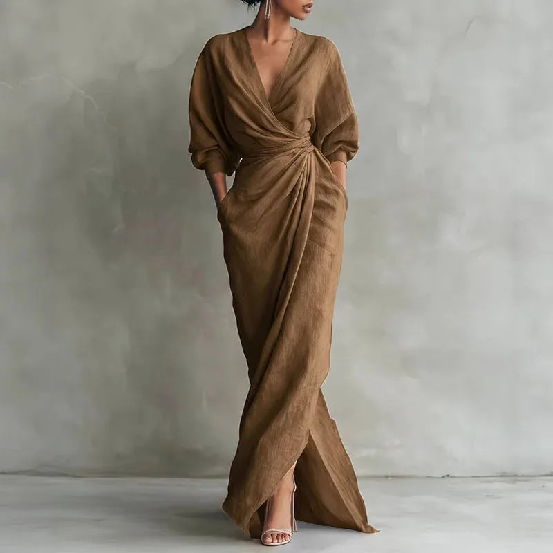 Sophia V Neck Maxi Dress – Chic Long Sleeve Wrap Style for Versatile Looks 2