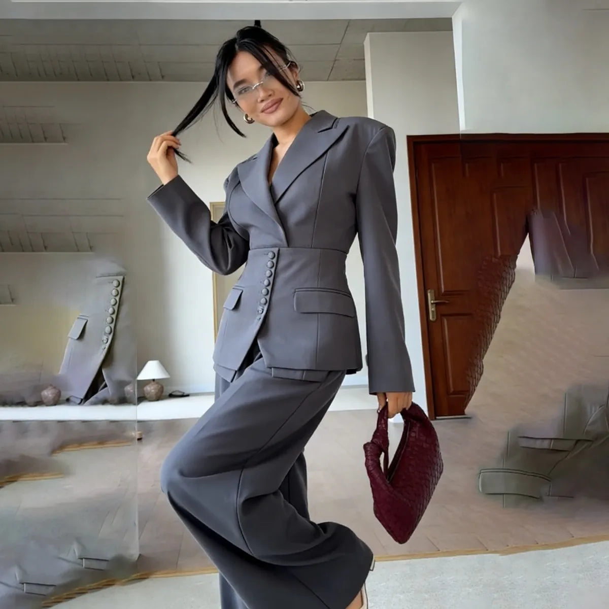 Sophia Women's Suit – Tailored Notched Lapel Blazer & Wide-Leg Pants for Elegant Office Wear 4