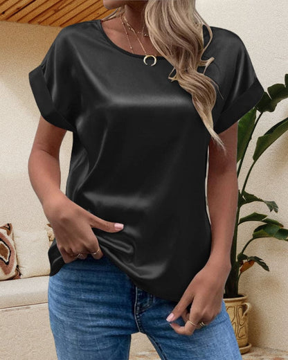 Sophia | Elegant Relaxed Fit Satin Blouse with Short Sleeves - Lumina 7