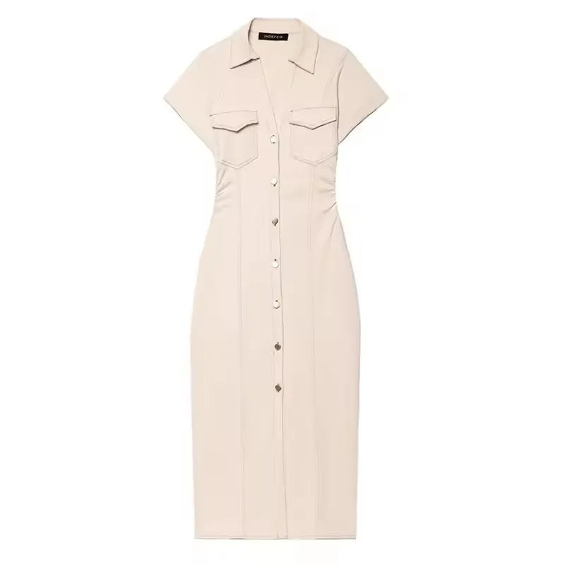 Spring Denim Dress – Casual Midi with Ruched Sleeves for Warm-Weather Outings 0