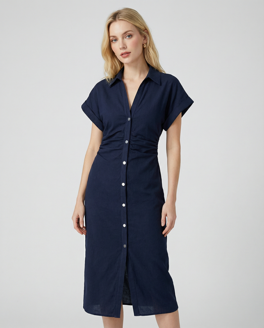 Spring Denim Dress – Casual Midi with Ruched Sleeves for Warm-Weather Outings 1