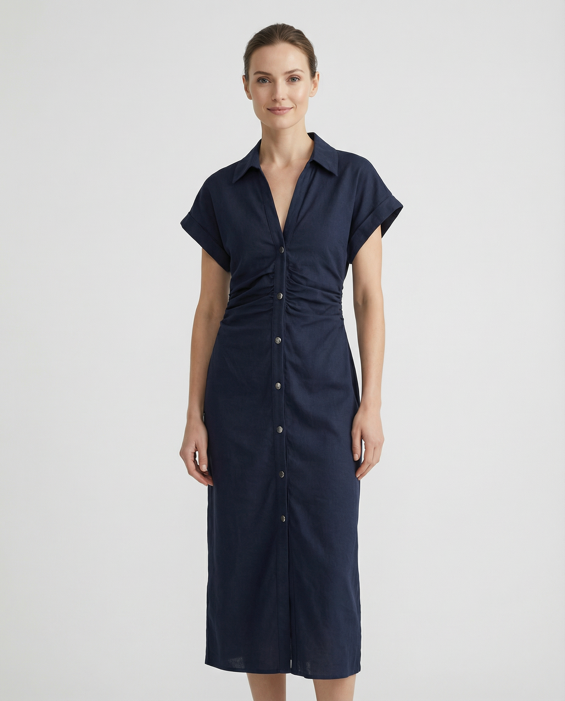 Spring Denim Dress – Casual Midi with Ruched Sleeves for Warm-Weather Outings 3