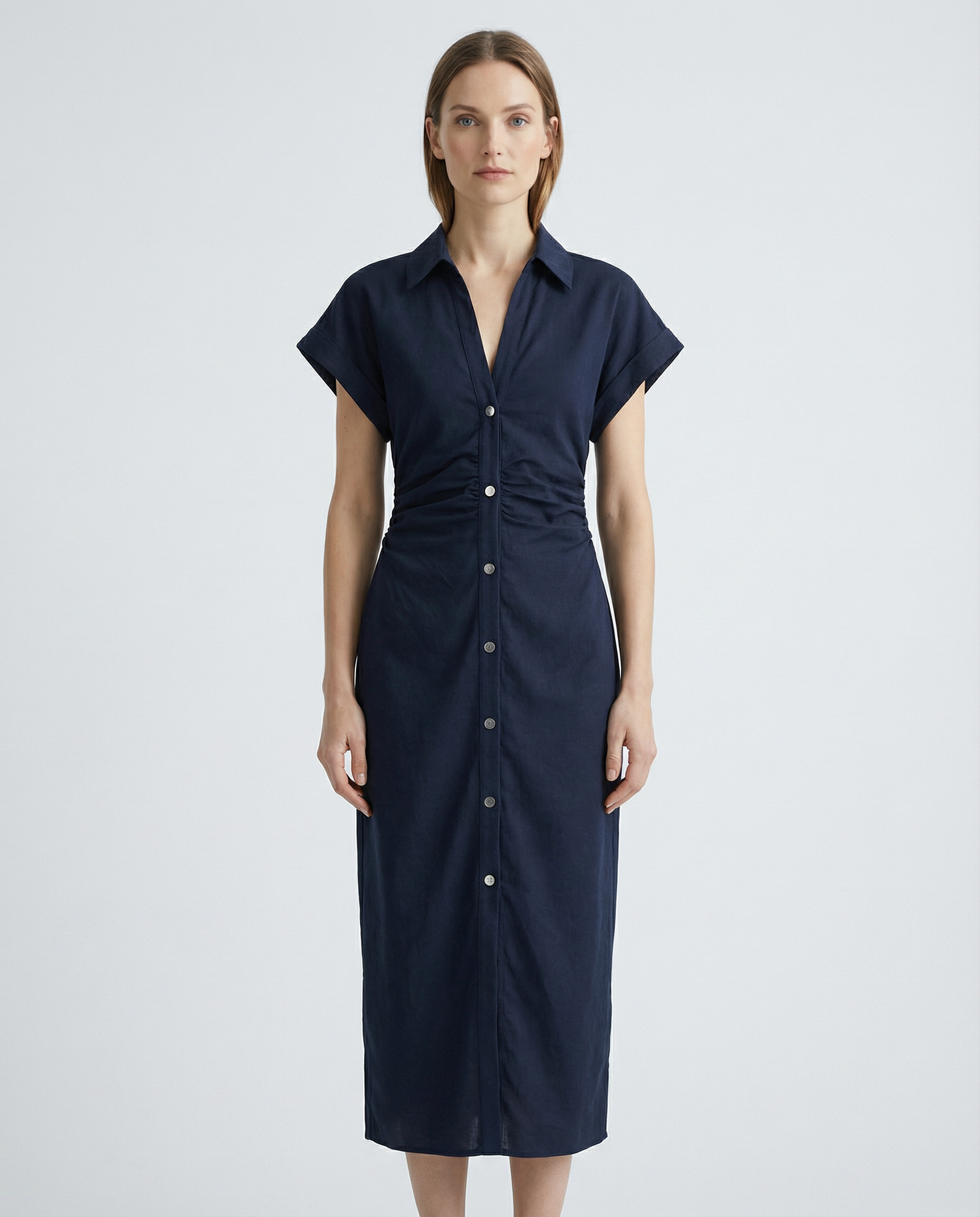 Spring Denim Dress – Casual Midi with Ruched Sleeves for Warm-Weather Outings 4