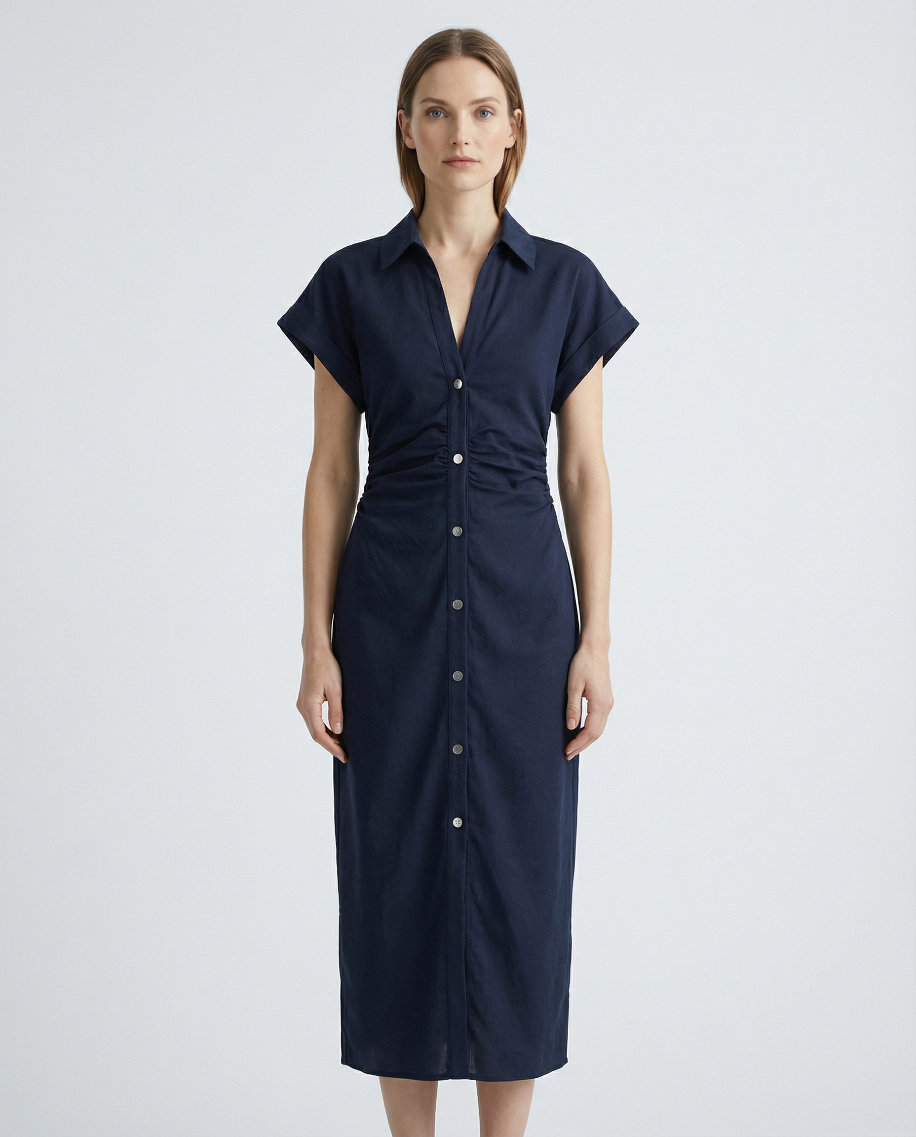 Spring Denim Dress – Casual Midi with Ruched Sleeves for Warm-Weather Outings 4