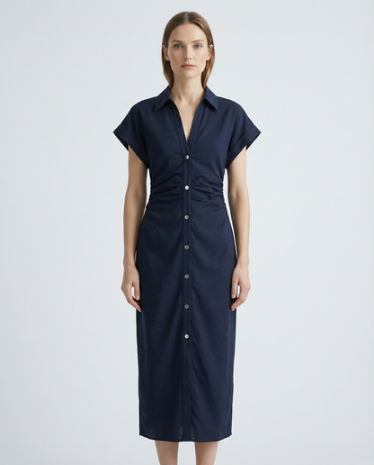 Spring Denim Dress – Casual Midi with Ruched Sleeves for Warm-Weather Outings 4