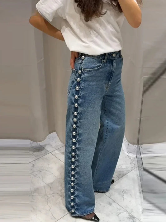 Street Women's Beaded Jeans Fashion High Waist Pockets Female Straight Denim Pants  Spring Summer Lady Y2k Vintage Trousers 0