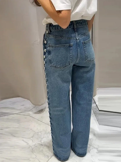 Street Women's Beaded Jeans Fashion High Waist Pockets Female Straight Denim Pants  Spring Summer Lady Y2k Vintage Trousers 3