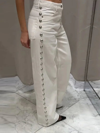 Street Women's Beaded Jeans Fashion High Waist Pockets Female Straight Denim Pants  Spring Summer Lady Y2k Vintage Trousers 4