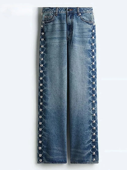 Street Women's Beaded Jeans Fashion High Waist Pockets Female Straight Denim Pants  Spring Summer Lady Y2k Vintage Trousers 5