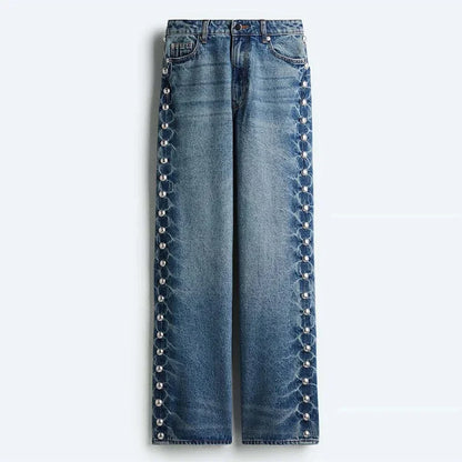 Street Women's Beaded Jeans Fashion High Waist Pockets Female Straight Denim Pants  Spring Summer Lady Y2k Vintage Trousers 7