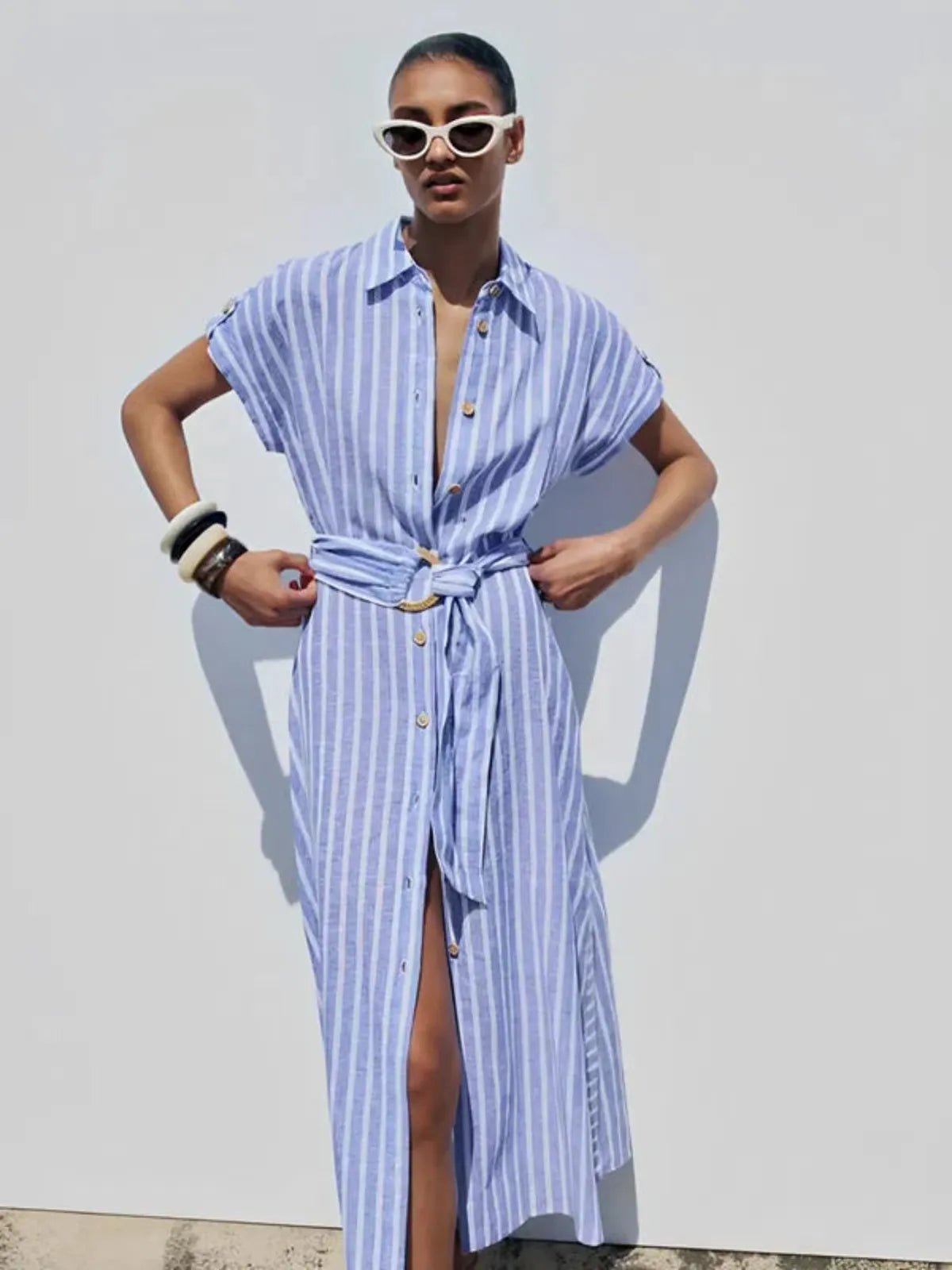 Striped Linen-Blend Maxi Dress with Belt 0