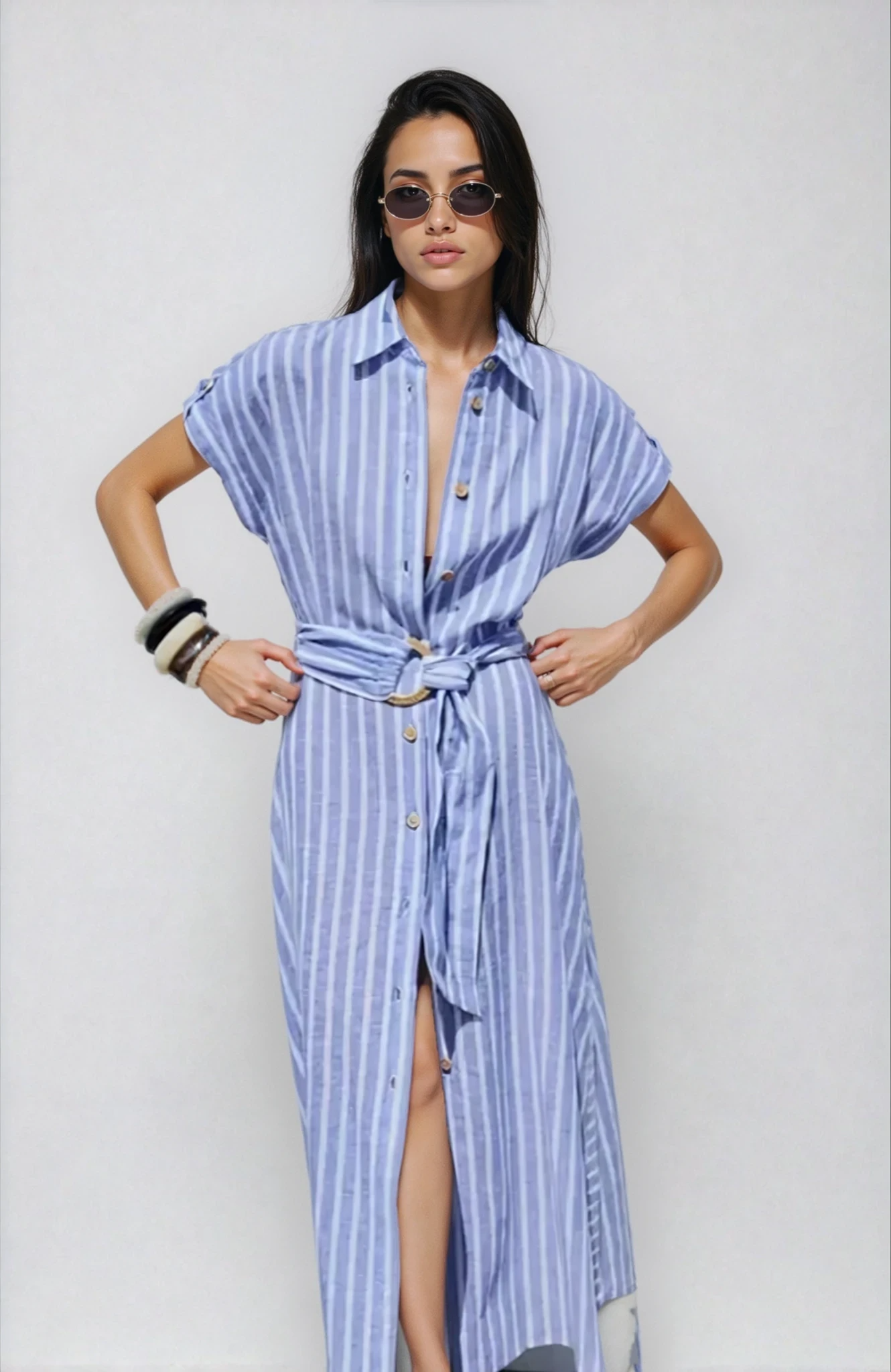 Striped Linen-Blend Maxi Dress with Belt 1
