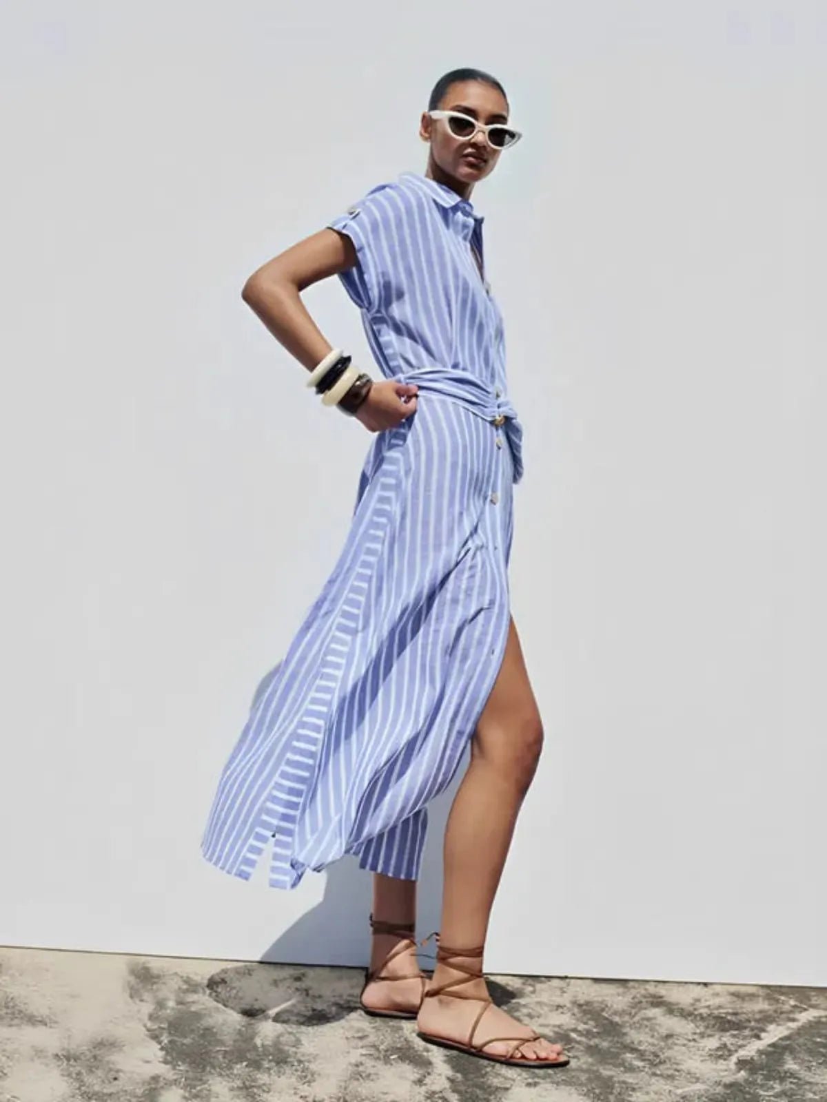 Striped Linen-Blend Maxi Dress with Belt 2