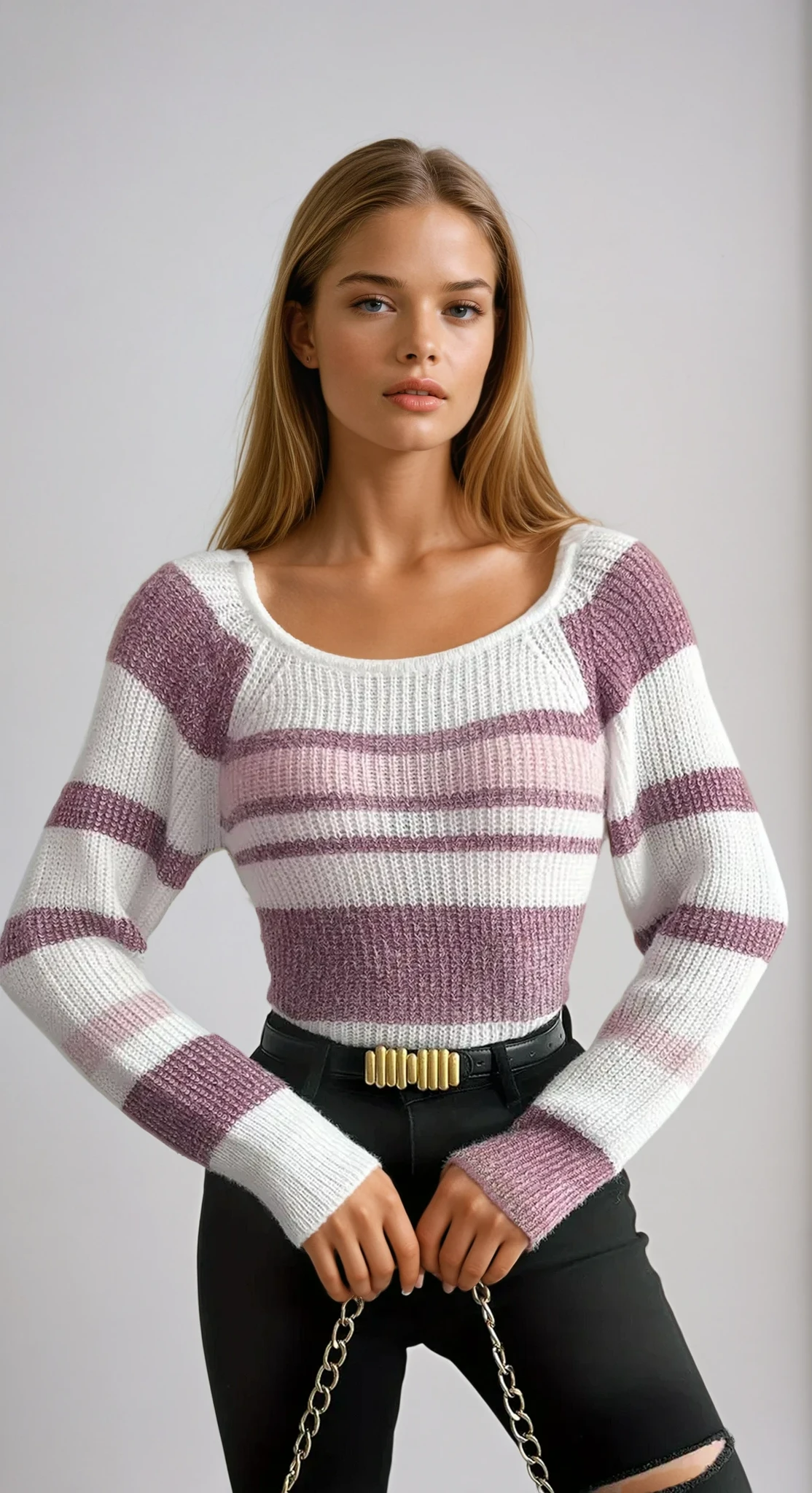 Striped Ribbed Knit Slim Fit Sweater 0