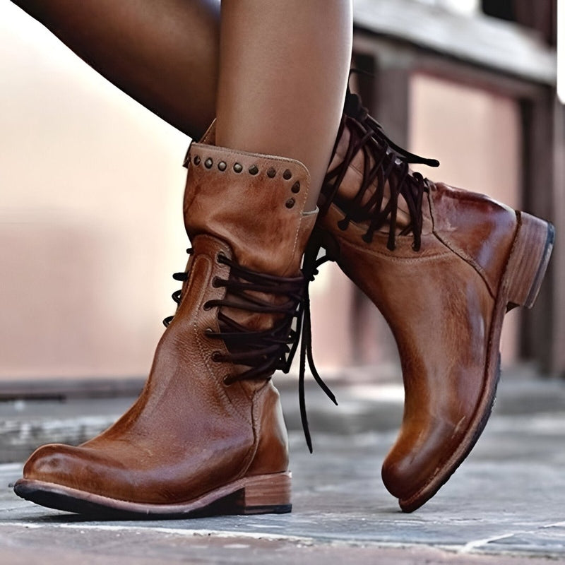 Studded Lace-Up Mid-Calf Boots with Low Heel for Women 1