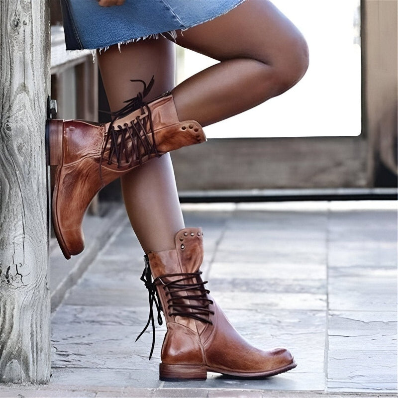 Studded Lace-Up Mid-Calf Boots with Low Heel for Women 2
