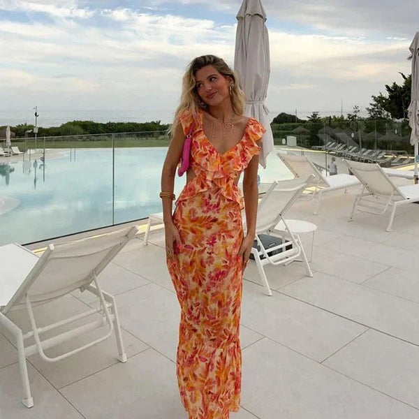 Summer Cocktail Maxi Dress Ruffles And Florals