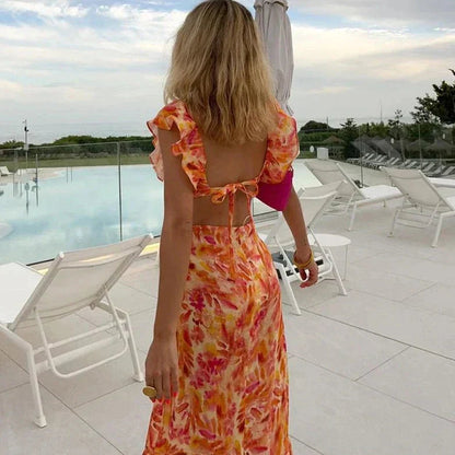 Summer Cocktail Maxi dress with ruffles and floral pattern 1
