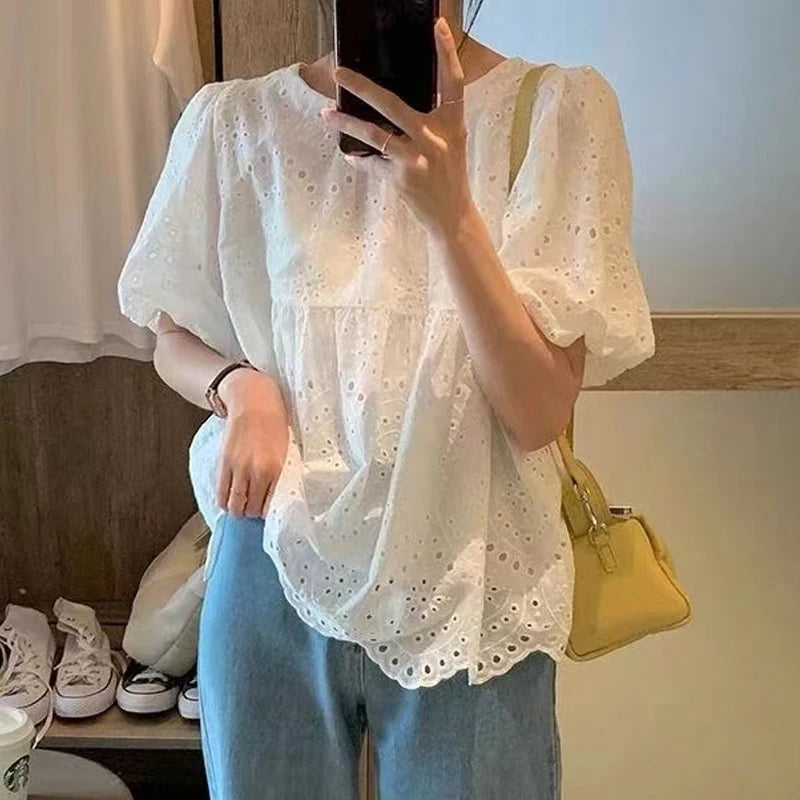Summer French Style Embroidery Hollow Out Shirt New White Lace Blouse for Women Short Puff Sleeve Tops Round Collar Clothes 930 0