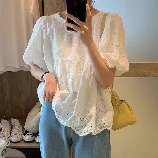 Summer French Style Embroidery Hollow Out Shirt New White Lace Blouse for Women Short Puff Sleeve Tops Round Collar Clothes 930 0