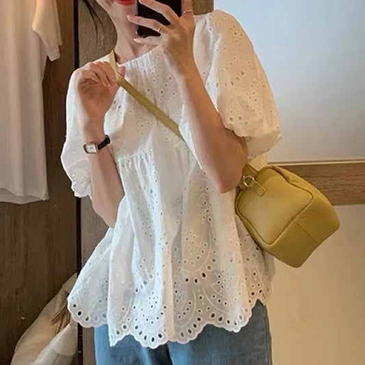 Summer French Style Embroidery Hollow Out Shirt New White Lace Blouse for Women Short Puff Sleeve Tops Round Collar Clothes 930 1