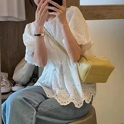 Summer French Style Embroidery Hollow Out Shirt New White Lace Blouse for Women Short Puff Sleeve Tops Round Collar Clothes 930 2