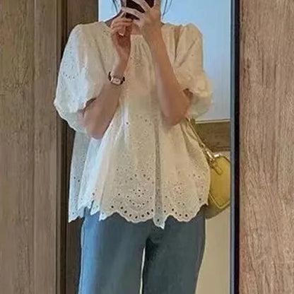 Summer French Style Embroidery Hollow Out Shirt New White Lace Blouse for Women Short Puff Sleeve Tops Round Collar Clothes 930 3