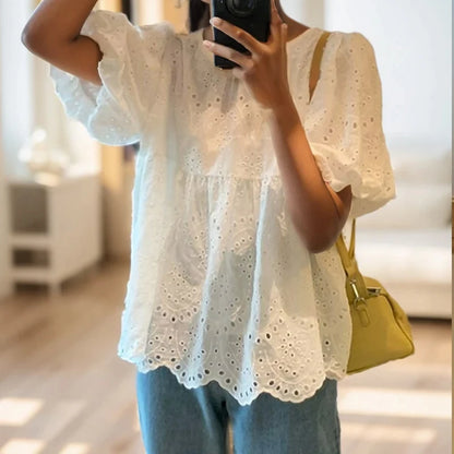 Summer French Style Embroidery Hollow Out Shirt New White Lace Blouse for Women Short Puff Sleeve Tops Round Collar Clothes 930 4