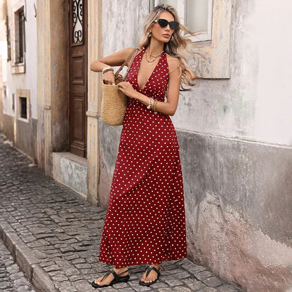 Summer Polka Dot Maxi Dress – Backless Deep V Neck for Chic Warm-Weather Occasions 4