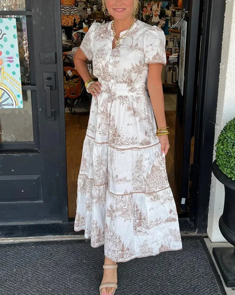 Summer Print Maxi Dress – Relaxed Fit V-Neck A-Line Style for Warm-Weather Outings 0