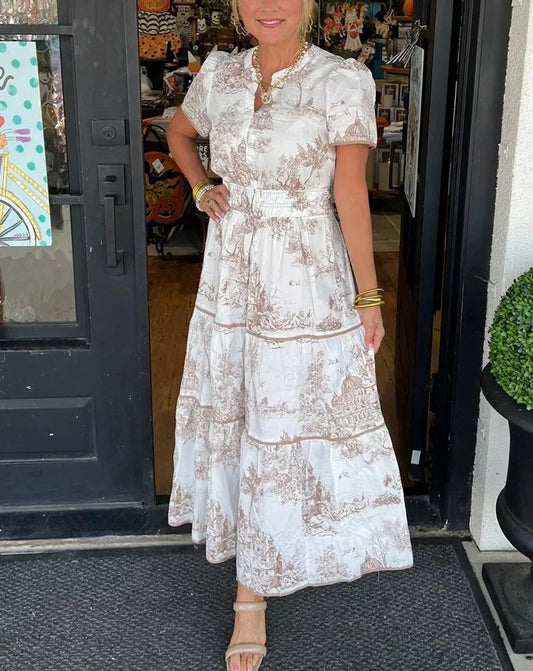 Summer Print Maxi Dress – Relaxed Fit V-Neck A-Line Style for Warm-Weather Outings 0
