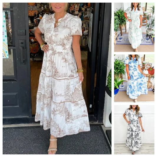 Summer Print Maxi Dress – Relaxed Fit V-Neck A-Line Style for Warm-Weather Outings 1
