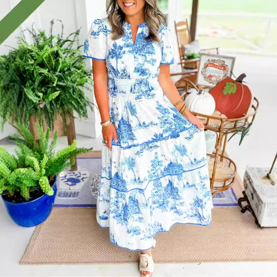 Summer Print Maxi Dress – Relaxed Fit V-Neck A-Line Style for Warm-Weather Outings 4