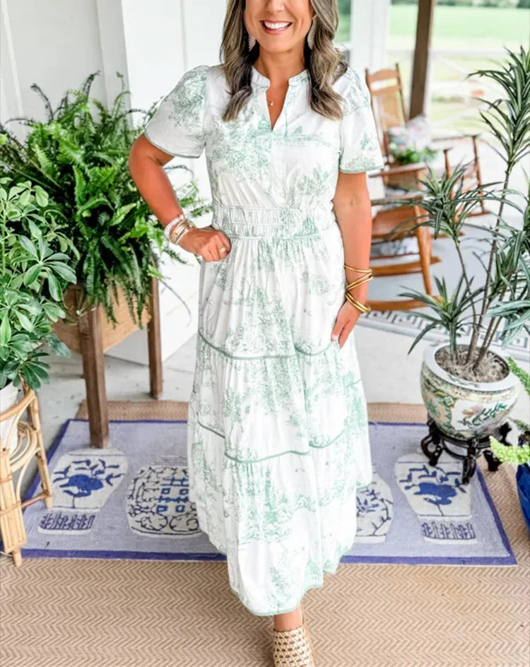 Summer Print Maxi Dress – Relaxed Fit V-Neck A-Line Style for Warm-Weather Outings 8