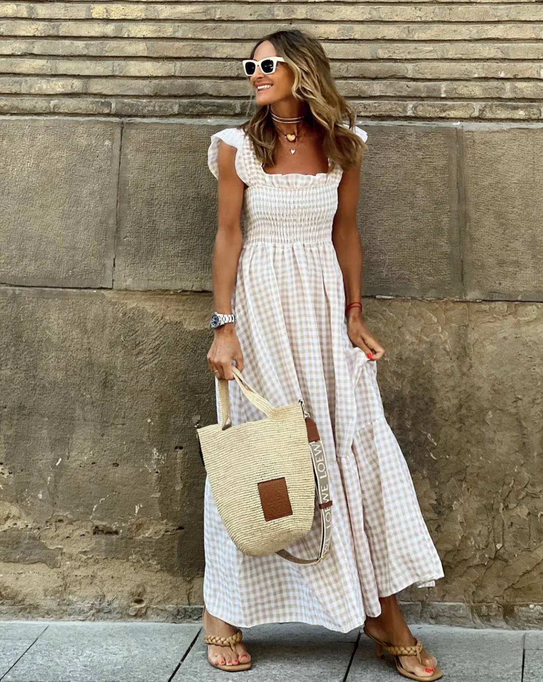 Smocked Gingham Maxi Dress With Ruffle Sleeves Smocked Gingham Maxi Dress With Ruffle Sleeves