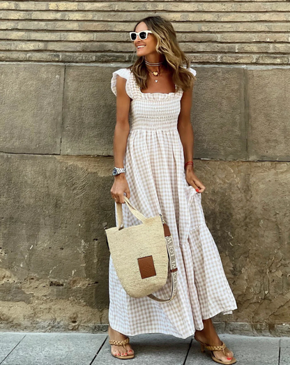 Summer Smocked Gingham Maxi Dress with Ruffle Sleeves 0