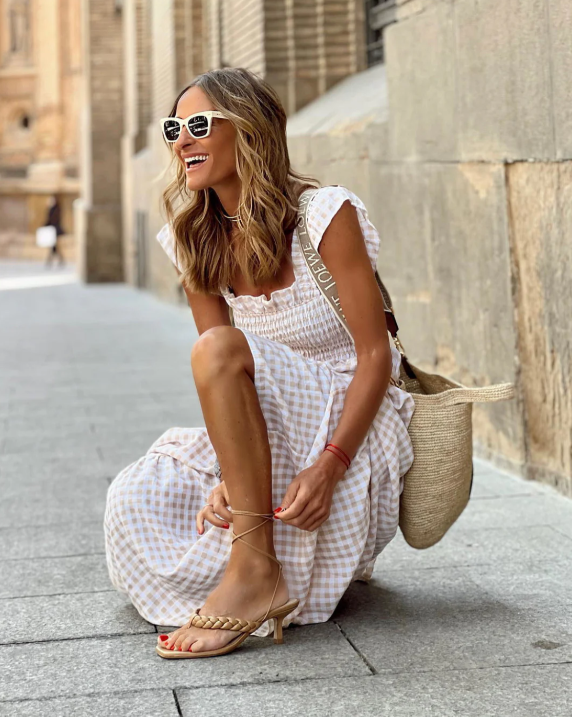 Summer Smocked Gingham Maxi Dress with Ruffle Sleeves 1