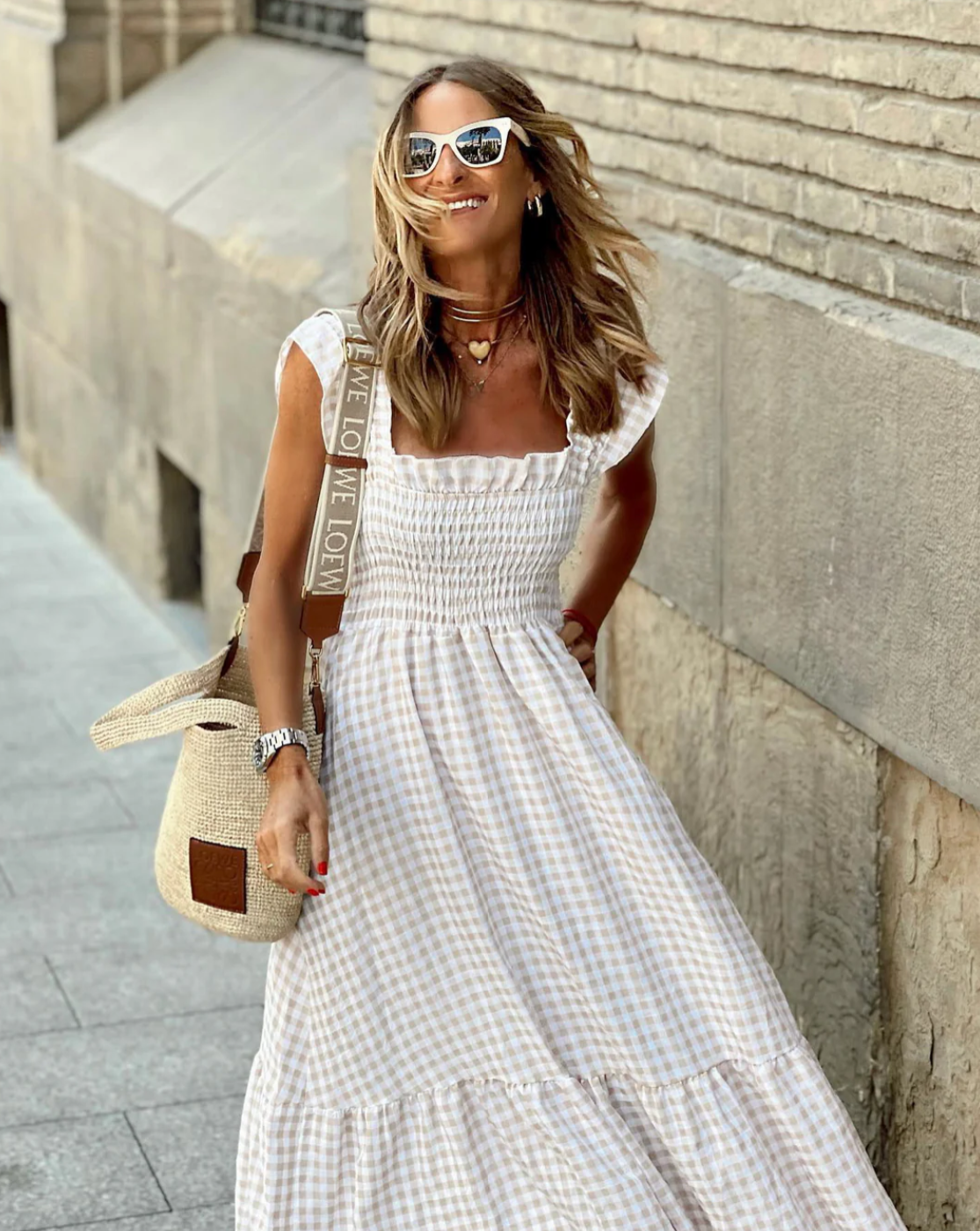 Summer Smocked Gingham Maxi Dress with Ruffle Sleeves 2