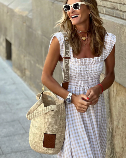 Summer Smocked Gingham Maxi Dress with Ruffle Sleeves 3
