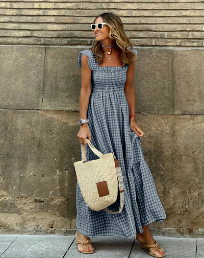 Summer Smocked Gingham Maxi Dress with Ruffle Sleeves 5