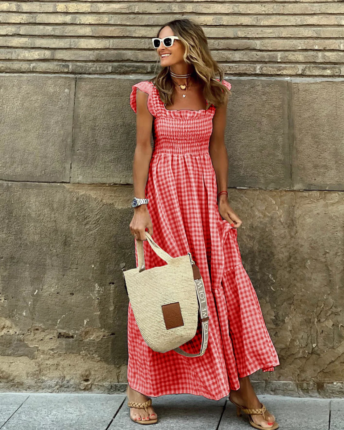 Summer Smocked Gingham Maxi Dress with Ruffle Sleeves 6