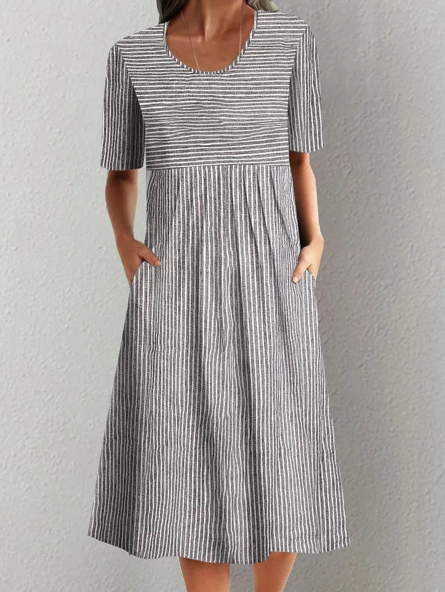 Summer Stripe Midi Dress – Casual O-Neck with Pockets for Effortless Warm Weather Style 0