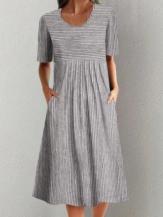Summer Stripe Midi Dress – Casual O-Neck with Pockets for Effortless Warm Weather Style 0