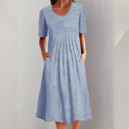 Summer Stripe Midi Dress – Casual O-Neck with Pockets for Effortless Warm Weather Style 1