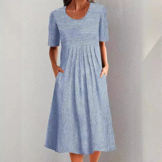 Summer Stripe Midi Dress – Casual O-Neck with Pockets for Effortless Warm Weather Style 1