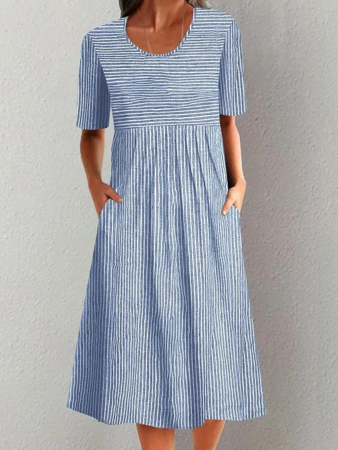 Summer Stripe Midi Dress – Casual O-Neck with Pockets for Effortless Warm Weather Style 2