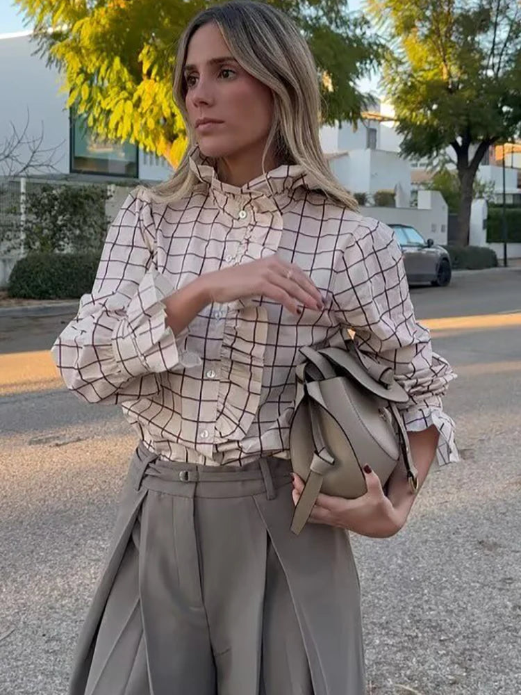 Sweet Women Ruffles Plaid Purple Shirts 2025 Fashion Ladies Casual Stand Collar Blouses for Party Female Elegant Tops Clothes 0