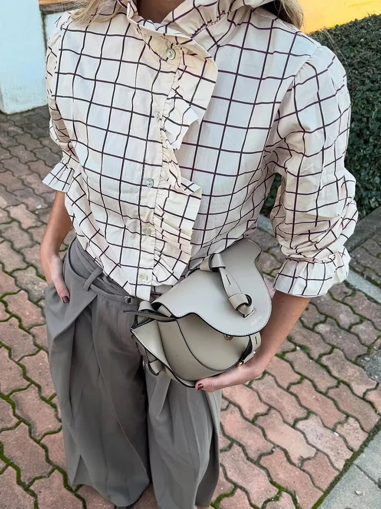 Sweet Women Ruffles Plaid Purple Shirts 2025 Fashion Ladies Casual Stand Collar Blouses for Party Female Elegant Tops Clothes 1